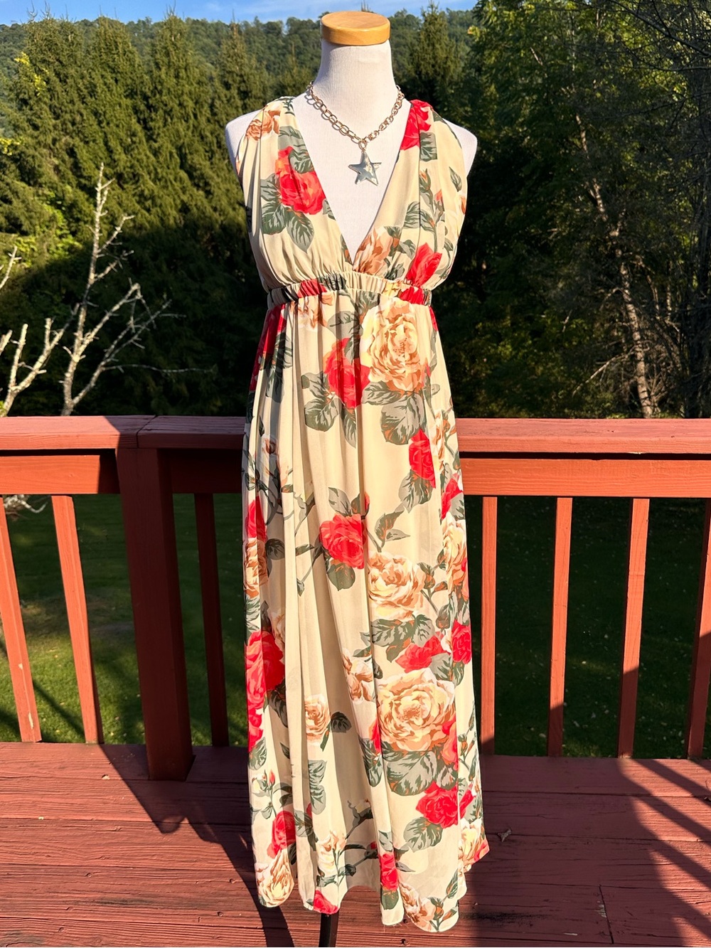 Show Me Your Mumu Ava V-Neck Maxi Dress Floral “Lady Rose” Red & Cream